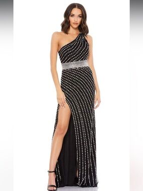 Mac Duggal 9107 Black One shoulder Dress with rhinestone Embellishments size 10